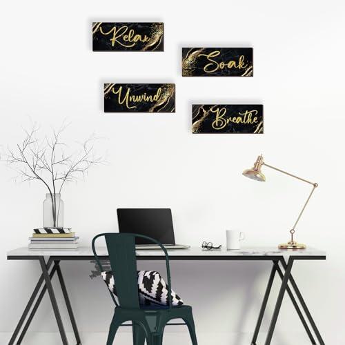 ONIZHITY 4 Pcs Black and Gold Bathroom Decor Black Gold Wall Decor Relax Soak Unwind Breathe Wooden Rustic Marble Style Bathroom Accessories for Bedroom Living Room Decor Kitchen(10X4)