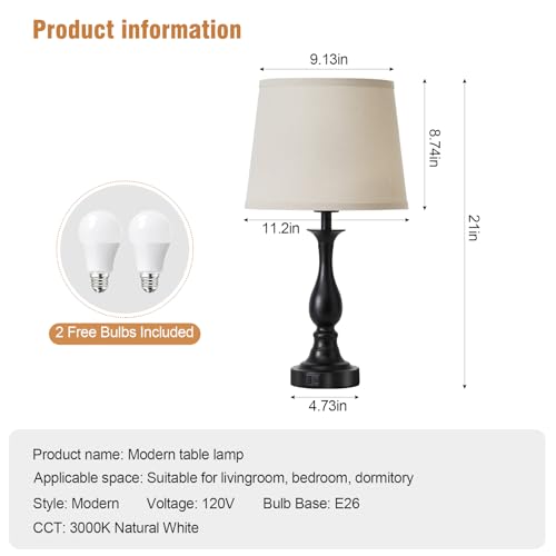 Bedside Table Lamp Touch Control Bedroom Lamps with USB A and C Charging Port 3 Way Dimmable Touch Lamps for Nightstand Living Room Bedroom Dorm Home Office Reading, Set of 2