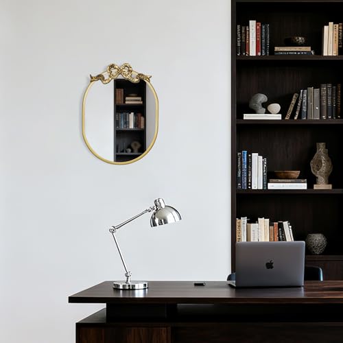 SANY DAYO HOME Wall Hanging 16″ x 12″ Gold Metal Framed Oval Mirror with Decorative Bow, Modern Farmhouse Real Glass Accent Mirror for Vanity, Bathroom, Entryway