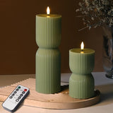 Olive Green Ribbed Flameless Pillar Candles with Remote Set of 2