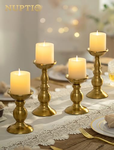 NUPTIO Gold Candle Holder for Table: Tall Brass Stand for 3" Pillars