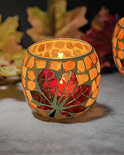 SHMILMH Fall Votive Candle Holder Set of 4, Mosaic Glass tealight Holders with Maple Leave for Halloween Thanksgiving Party Decorations