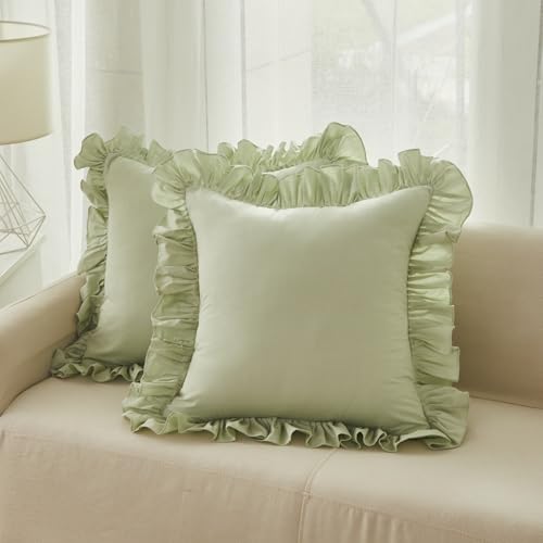 Lemfux Green Ruffle Throw Pillow Covers 20x20 Set of 2, Cotton Decorative Cushion Covers for Sofa, Couch, Bed, Shabby Chic Farmhouse Style, Coquette Home Decor
