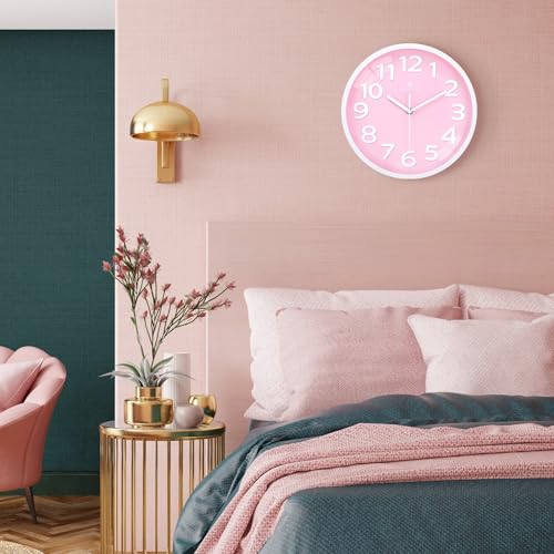 Lafocuse 12 Inch Silent 3D Numbers Pink Wall Clock Girls Bedroom, Battery Operated Pink Clock Wall for Living Room Decor