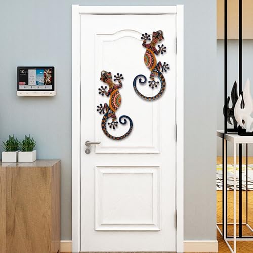 LIFFY Metal Lizard Gecko Wall Art - 2 Pack 15 Inch Metal Wall Decor, Lizard Outdoor Hanging Glass Sculpture Decoration for Yard Garden Art, Patio Fence Home, Unique Gift Ideas