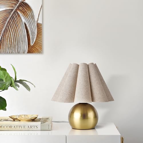 Gold Small Bedside Table Lamp for Bedroom, Brass Gold Bedroom Lamps for Nightstand, Cute Mini Table Lamps for Small Spaces with Scalloped Shade for Kitchen Counter, Bookshelf, Living Room, Kids Dorm