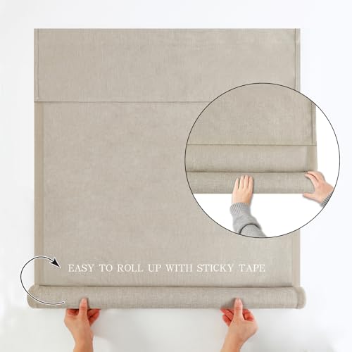WDFour No Drill 100% Blackout French Door Roller Shade,1 Pack. | 24x38”, Hemp Gray,Side hook & loop for partial shading; blackout fabric, drill-free mount, full privacy.