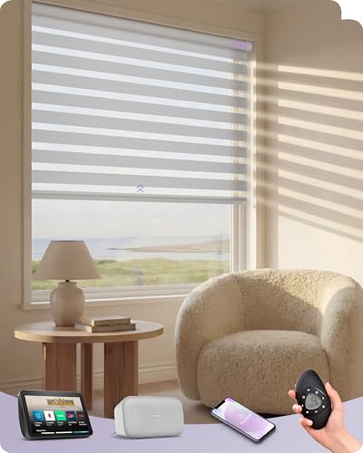 Graywind Motorized Zebra Blinds for Windows, Blackout Smart Blinds with Remote Control, Dual Layer Custom Zebra Shades Work with Alexa, Google Home, Apple Homekit, Classic White