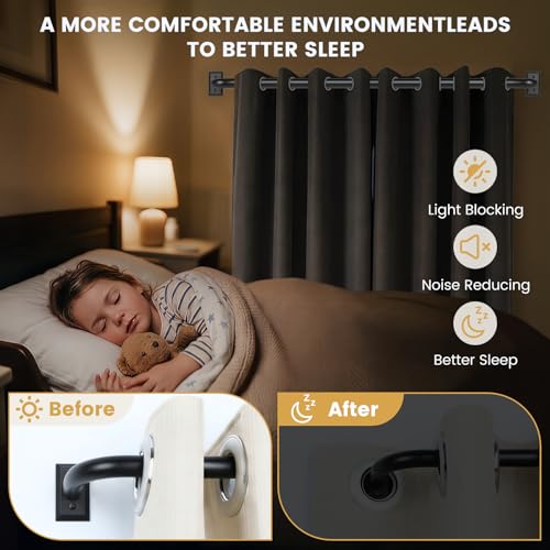 TANGWIN Black Wrap Around Curtain Rods 48 to 90:Blackout Heavy Duty Adjustable Window Curtain Rod for Bedroom Kitchen,Modern Industrial Curved French Return Metal Drapery Rods Easy Install,Matte Black