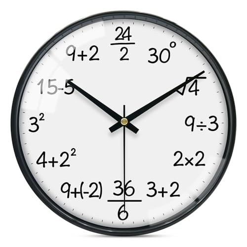 VIKMARI Glass Wall Clock 12 Inch Math Teaching Style Clock White Battery Operated Quartz Silent Non Ticking Wall Clocks for Classroom Bedroom Study Room
