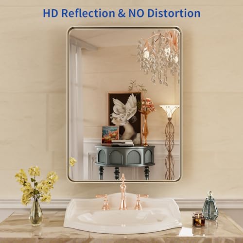 WEER 22X30 Inch Brushed Nickel Bathroom Mirror, Brushed Silver Metal Frame Mirror, Rounded Rectangle Silver Bathroom Vanity Mirror, Tempered Glass, Anti-Rust, Hangs Horizontally or Vertically