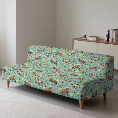Horse Flower Easy-Going Stretch Futon Slipcover Armless Futon Bed Cover Furniture Protector Without Armrests with Elastic Bottom for Kids