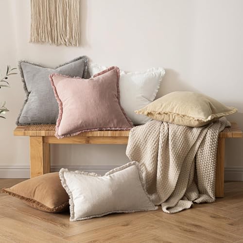 MIULEE Boho Linen Fringe Decorative Euro Throw Pillow Covers White 26x26