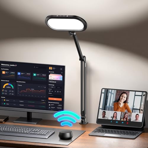 LED Desk Lamp for Home Office, Eye-Care Dual-Side Desk Light with Clamp and Stepless Knob Remote, 50 Lighting Modes, Memory, Adjustable Arm Clamp on Light for Video Conference, Zoom Call, Study