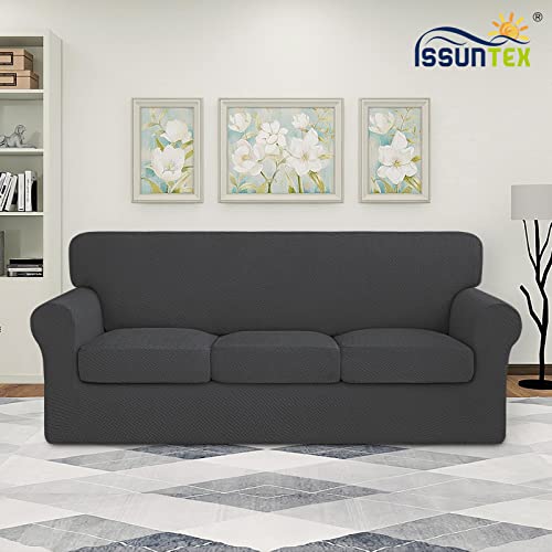 ISSUNTEX 4 Pieces High Stretch Thicken Couch Covers, Soft Sofa Slipcover for 3 Separate Cushion , Jacquard Fabric Elastic Furniture Protector for Dogs (Sofa, Dark Gray)