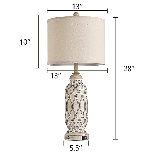 Farmhouse Table Lamps for Bedroom Set of 2, 28" Rustic Bedside Lamp with USB Ports, 3-Way Dimmable Nightstand Table Lamp for Living