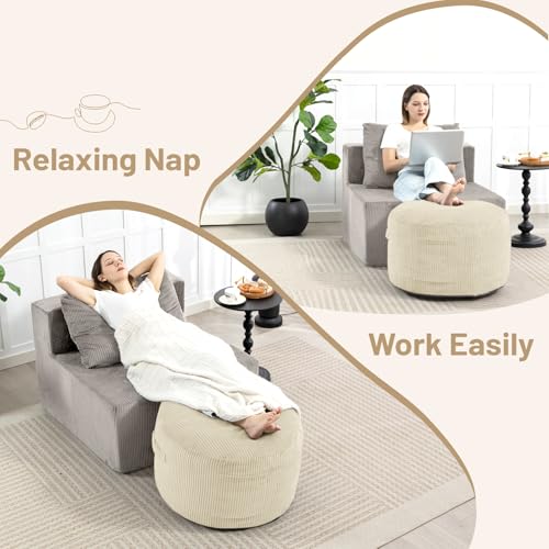Round Stuffed Pouf Ottoman (Beige, 20" D x 20" W x 15" H)