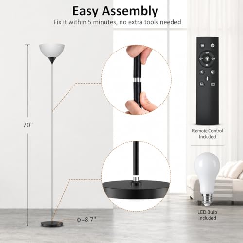 PESRAE Floor Lamp, Remote Control with Stpeless Color Temperatures and Brightness, Torchiere lamp for Bedroom, Living Room, Bulb Included (Matte Black)