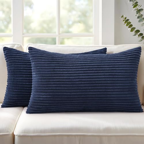 Mecatny Corduroy Decorative Throw Pillow Covers 12x20 Set of 2 Deep Blue
