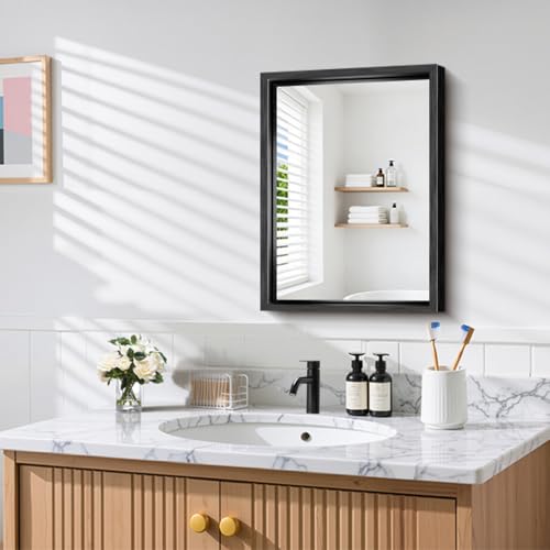 CIRCUMI 18"x24" Brushed Black Mirror with Chunky Box Metal Frame, Bathroom Mirror for Vanity Remodel & New Home, Living Room, Entryway, Rectangular Wall Mirror, Tempered Glass, Vertical or Horizontal
