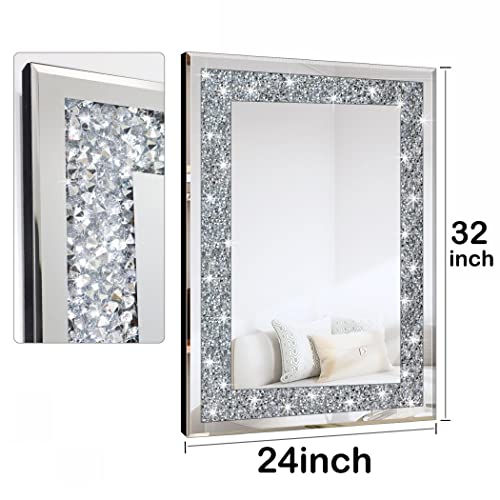 QMDECOR Crystal Crush Diamond Rectangle Silver Mirror for Wall Decoration 24x32inch Wall Hang Frameless Mirror Acrylic Diamond Decor.
