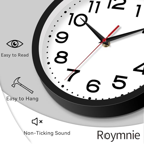 Roymnie Wall Clock Silent Non-Ticking Modern Clock Battery Operated 8 Inch Small Classic Analog Decorative for Classroom, Living Room, Office, Bedroom, School, Hotel (Black)