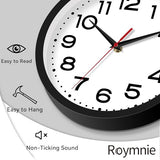 Roymnie Wall Clock Silent Non-Ticking Modern Clock Battery Operated 8 Inch Small Classic Analog Decorative for Classroom, Living Room, Office, Bedroom, School, Hotel (Black)