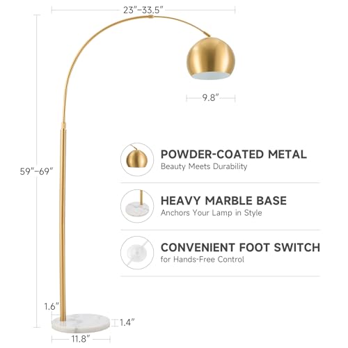 CO-Z 69" Modern Arc Floor Lamp, Gold Standing Light with Adjustable Metal Shade and Marble Base, LED Bulb Included, Contemporary Lighting for Living Room or Sofa