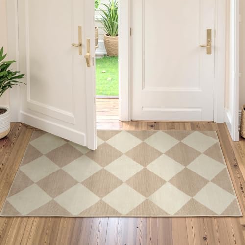 Checkered Print Washable Runners for Hallways 2x4, Ultra Thin Beige Small Rugs for Entryway Low Pile Non Slip Bathroom Rug, Modern Geometric Decor Neutral Throw Rug for Kitchen Laundry Bedroom