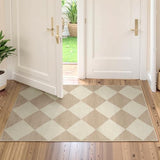 Checkered Print Washable Runners for Hallways 2x4, Ultra Thin Beige Small Rugs for Entryway Low Pile Non Slip Bathroom Rug, Modern Geometric Decor Neutral Throw Rug for Kitchen Laundry Bedroom