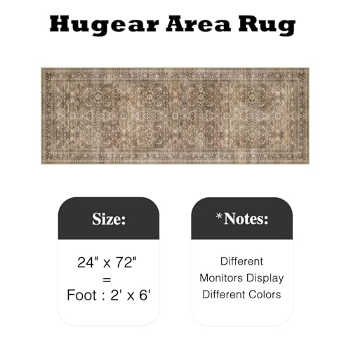HUGEAR 2x6 Runner Rug Hallway Vintage Brown Machine Washable Retro Floral Low Pile Carpet Vacuumable Distressed Long Throw Rug Bedroom Office Bathroom Kitchen Laundry Non Slip Soft Lightweight