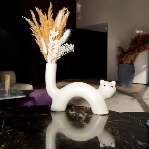 Natural Pampas Grass Dry Flower Bouquet with Boho Decorative Cute Cat Shaped Ceramic Vase for Living Room Bookshelf Dining, Modern European Minimalist Decor, Brown Pampas Bouquet and White Vase
