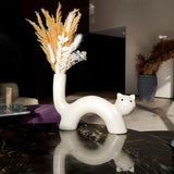 Natural Pampas Grass Dry Flower Bouquet with Boho Decorative Cute Cat Shaped Ceramic Vase for Living Room Bookshelf Dining, Modern European Minimalist Decor, Brown Pampas Bouquet and White Vase