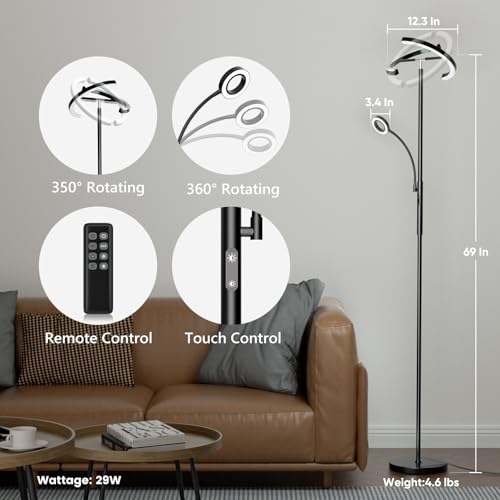 LED Floor Lamp for Living Room - Modern Standing Lamp with Reading Light, Remote Touch Control Floor Light Dimmable Mother-Daughter Tall Bedroom Lamp for Couch Office, 29W, Black