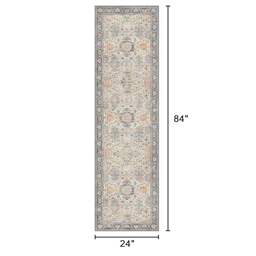 2x7 Hallway Runner Rug Non Slip, Washable Boho Tumble Cream Blue Rug