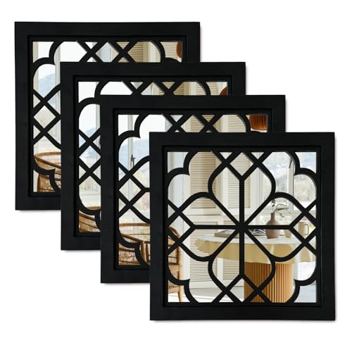 ZEXUIRU 4 Set Rustic Wall Mirrors for Bedroom Bathroom Living Room Entryway Wood Farmhouse Square Easy to Hang Framed Decorative Accent Hanging Wall-Mounted Mirror Set for Living Room - Black