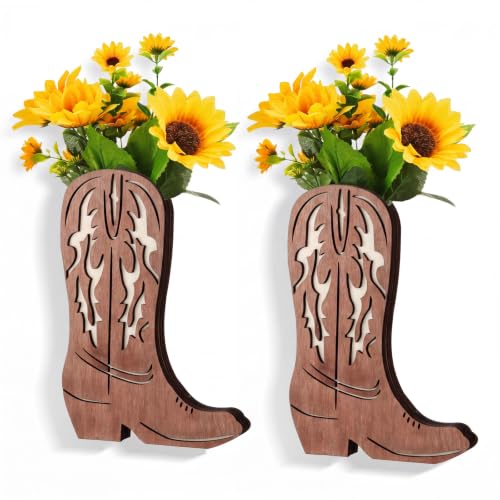 Havawish 2 Pcs Western Wall Decor Wood Cowboy Boots Wall Planter for Indoor Plants 12 x 8'' Western Boot Flower Hanging Vase for Flower Faux Rustic Home Decor for Bathroom Bedroom(Retro Style)