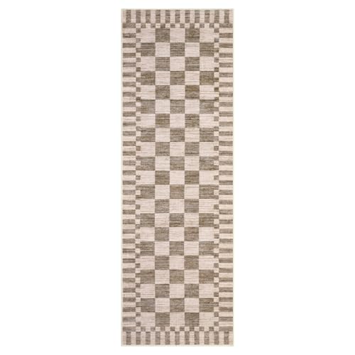 GarveeHome 2×6 Kitchen Runner Rug Non Slip Brown Checkered Rug,Washable Runner Rug for Hallway Soft Low-Pile Geometric Tan Brown Print Checkerboard Rugs for Entryway Kitchen Dining Room