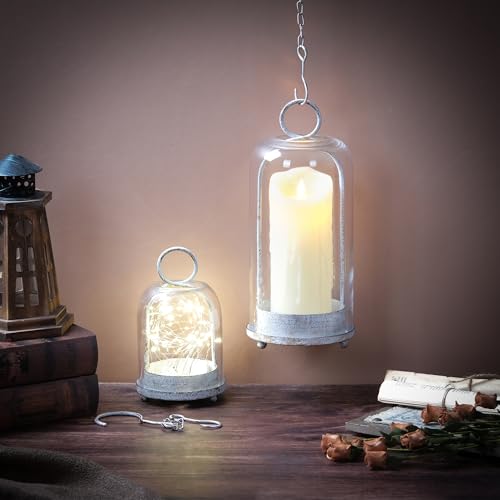 5" & 4" Wide Versatile Metal Candle Holder in Shabby White with Handmade Thick, Heavy & Sturdy Glass Dome for Pillar Candle, Industrial, Modern, Shelf, Mantel, Veranda, Porch