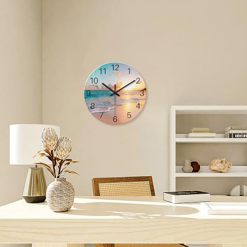 Beach Wall Clock Battery Operated 12 Inch Glass Wall Clock Non Ticking Analog Blue Wall Clocks for Bedroom Living Room Office Decor