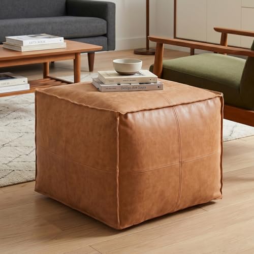 SIMPLIHOME Brody 18" Wide Vegan Leather Square Pouf in Distressed Camel