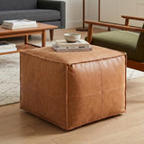 SIMPLIHOME Brody 18" Wide Vegan Leather Square Pouf in Distressed Camel