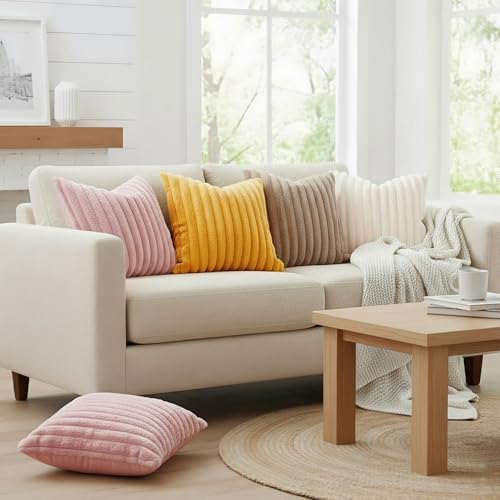 decorUhome Fall Cozy Faux Fur Throw Pillow Covers 18x18 Set of 2 Decorative Soft Plush Striped Modern Farmhouse Boho Couch Pillow Cases with Velvet Back for Sofa Bed Living Room, Cream White