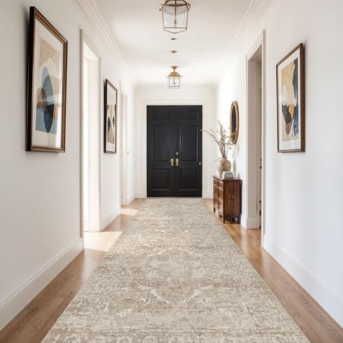 4x10 Washable Hallway Runner Rug: Vintage Wide Low Pile Rugs NaturalBeige