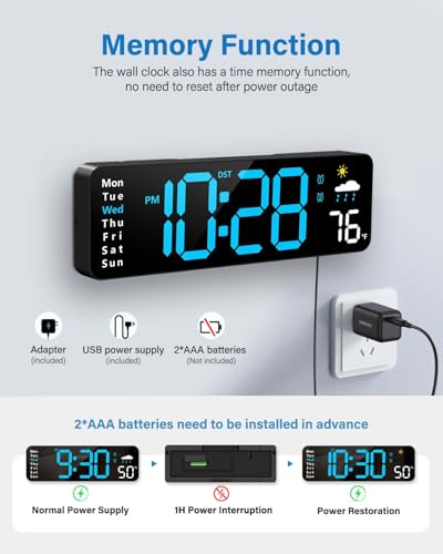 Digital Wall Clock, Digital Clock Large Display with Remote Control, Corded LED Alarm Clocks with Date, Week, Temp, Humidity, Auto DST, Countdown, for Living Room Bedroom Classroom Office (Blue)