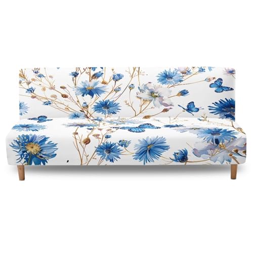 Stretch Futon Cover Without Arms Couch Sofa Bed Slipcover with Elastic Bottom Futon Couch Cover Non-Slip Furniture Protector for Living Room Decoration, Blue Floral Butterfly