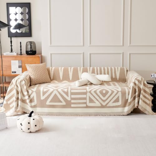 VClife Couch Cover, Boho Tribal Geometric Sofa Cover, Beige-White, 71X118 | Chenille Fabric, Soft Thick, Easy Care, Dog Western Couch Cover for 2 Cushion Couch Sofa, Multi-use Furniture Protector
