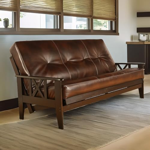 Full Size Chestnut Futon Cover Only Bonded Leather Premium Collection Fits 6-8 inch Futons Mattress (Cappuccino)