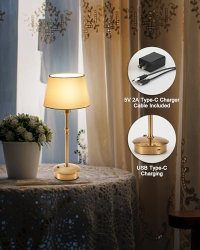Cordless Lamp Rechargeable Table Lamps, 5000mAh Battery Operated Lights, 3 Level Brightness Dimmable, Portable Night Bedside Light for Patio, Restaurant, Dining, Fabric Shade, Antique Brass