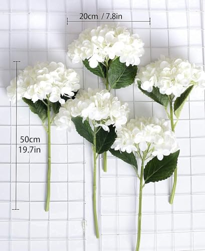PARTY JOY 5PCS 15.4In Artificial Hydrangea Silk Flowers Bouquet Faux Hydrangea Stems for Wedding Centerpieces Home Decor (White, 5)